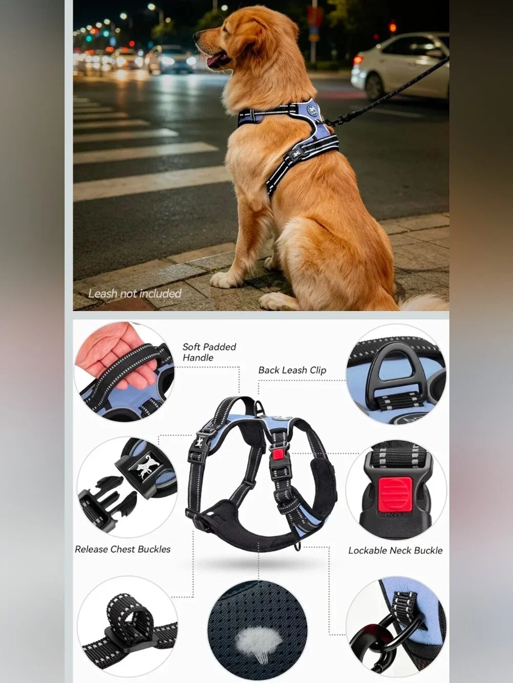Blue Reflective No-Pull Dog Harness with 3-Buckle Fit